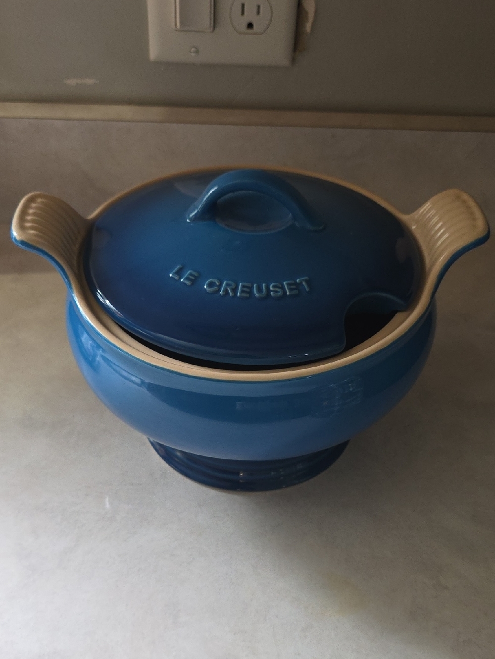 Le Creuset Blue and Cream Stoneware Soup Tureen with Lid